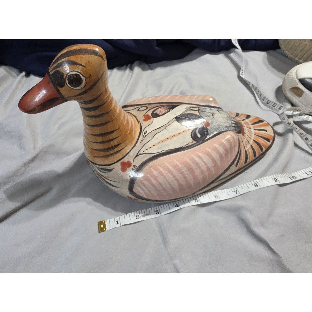 Vintage Tonala Mexican Pottery Duck Figurine Hand Painted Folk Art Burnished 11"